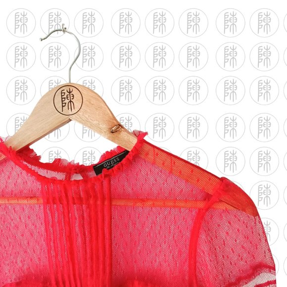 Guess Red Lace Pleated Ruffle Polka Dot Blouse Top Size M - Picture 2 of 5